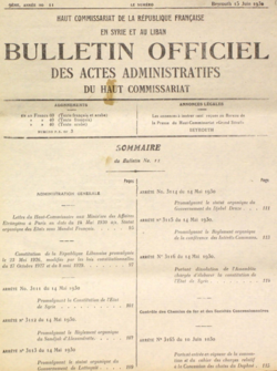 Bulletin Officiel des Actes Administratifs du Haut Commissariat, 14 May 1930, announcing the constitutions of the states within the French Mandate of Syria and Lebanon