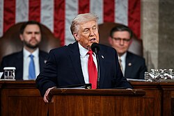 President Trump during his 2026 State of the Union Address, with Vice President Vance and House Speaker Johnson.