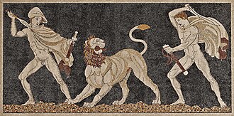 A lion hunt on a mosaic floor from Pella in Macedonia. Last quarter of the 4th century BC (Pella, Archaeological Museum).
