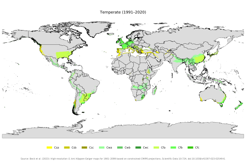 A Köppen–Geiger climate map showing temperate climates for 1991–2020