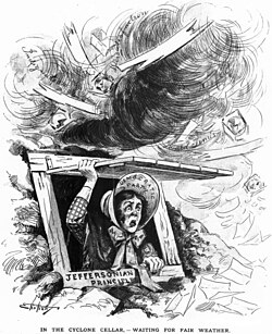 A political cartoon by illustrator S.D. Ehrhart in an 1894 Puck magazine shows a farm-woman labeled "Democratic Party" sheltering from a tornado of political change.