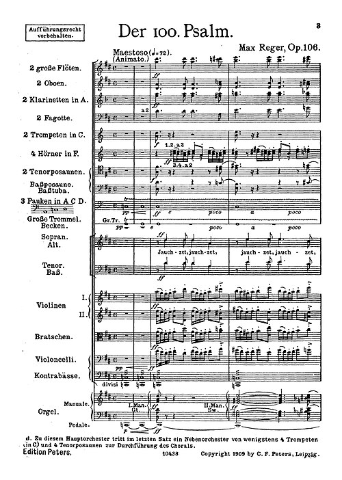 First page of the full score for Max Reger's Der 100. Psalm for choir, orchestra and organ