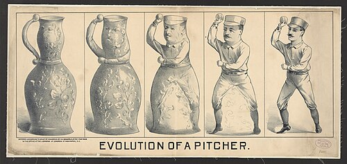 This cartoon makes fun of how the word "pitcher" means both a vessel and a baseball player by morphing one into the other.