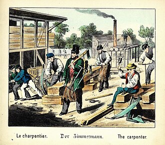 German carpenters in 1880: The tools, from left to right, are: a cart loaded with timbers, rough hewing with felling axes; in the green coat is the master carpenter carrying his tools including a frame saw; on the ground, a ring dog (precursor to the cant dog and peavey); in the background sawyers pit sawing on trestles; on right carpenters striking a mortising chisel with a mallet and boring a hole with a T-auger; lower right on ground a two-man crosscut saw, steel square, broadaxe, and (hard to see) a froe.