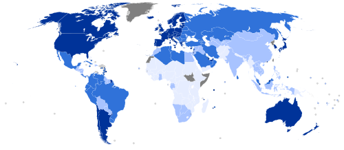 World map by quartiles of Human Development Index in 2013: Very High Low High Data unavailable Medium