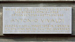 Memorial plaque to Vivaldi's tomb at the main building of the Technical University, dedicated in 1978 by the Creditanstalt-Bankverein
