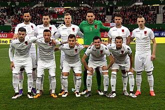 Albania squad wearing the visitors' uniform, 2016.
