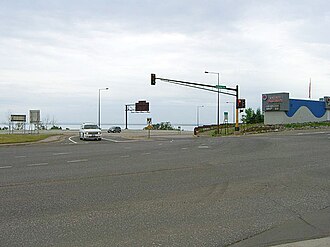 I-35's northern terminus is at this intersection with London Road (MN 61) in Duluth, Minnesota, with Lake Superior in the background.