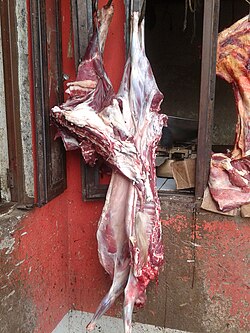 Goat meat sold at a market.