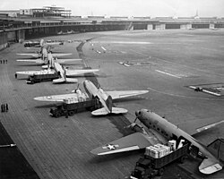 C-47s unloading at Tempelhof Airport during the Berlin Airlift, 1948