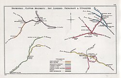 A 1905 Railway Clearing House junction diagram showing (upper left) railways in the vicinity of Uttoxeter