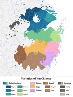 Map of the main subgroups of Wu in its core area. Note that this map does not align with that of the original Language Atlas of China, but instead with the second edition of the Atlas