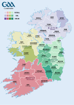 Kilkenny is the only "Hurling-only" county; the 14 light coloured counties are Football-only; the remaining 17 compete in both (see image description for details).