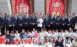 La Liga champions Real Madrid celebrate their win with Community of Madrid President Cristina Cifuentes.