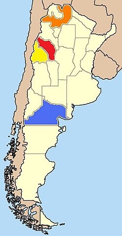 The provinces of Argentina that grow the most Torrontés. Torrontés Riojano is most widely grown in La Rioja (red) and Salta (orange). Torrontés Sanjuanino is most widely grown in the San Juan province (yellow) while Torrontés Mendocino is most widely grown in the Rio Negro province (blue).