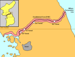 The Korean Demilitarized Zone incorporates territory on both sides of the ceasefire line as it existed at the end of the Korean War (1950–53).