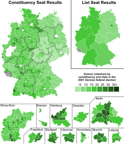 A map showing the percentage of votes won by the Greens by constituency and state in the 2021 federal election. Darker shades indicate a higher vote share.