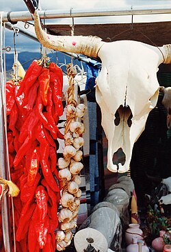 Symbols of the Southwest: a string of dried chile pepper pods (a ristra) and a bleached white cow's skull hang in a market near Santa Fe.