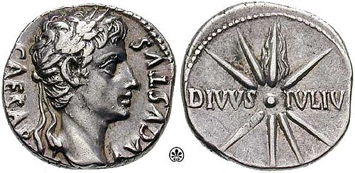 Ancient Roman coin depicting Augustus on the obverse with a commemoration to his adoptive father, Julius Caesar, on the reverse