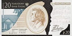 The 200th anniversary of the birth of Frédéric Chopin commemorative banknote by the NBP