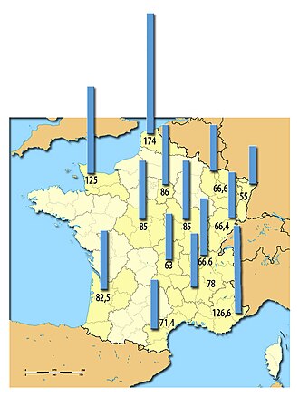 Comparison of the iodine content in urine in France (in microgramme/day), for some regions and departments (average levels of urine iodine, measured in micrograms per litre at the end of the twentieth century (1980 to 2000))[108]