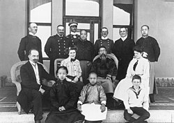 Imperial German vice admiral Alfred Meyer-Waldeck and other colonial officers, together with Sun Baoqi, the Qing Governor of Shandong, in Kiautschou Bay Leased Territory, April 1910