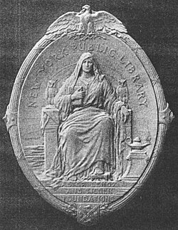 The Library's historical seal, designed by sculptor Victor David Brenner in 1909, best known for designing the Lincoln cent. Though rarely used, the seated personification of wisdom appears on plaques at several branches.