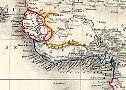 An 1850 map showing the Akan Kingdom of Ashanti within the Guinea region and surrounding regions in West Africa