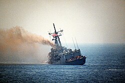 USS Stark listing following two hits by Exocet missiles