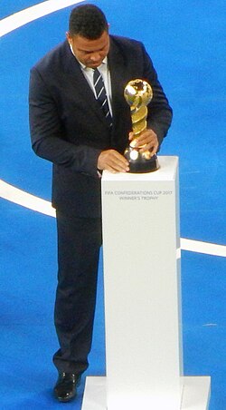 Ronaldo (pictured with the FIFA Confederations Cup in 2017) won the trophy with Brazil in 1997