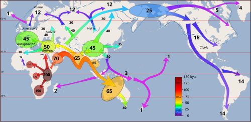 Map of early human migrations based on the Out of Africa theory; figures are in thousands of years ago (kya).[78]