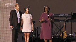 Harry and Meghan and the U.S. ambassador to the UN Linda Thomas-Greenfield at the 2021 Global Citizen live event