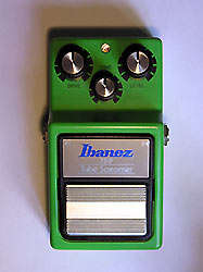 The Ibanez Tube Screamer overdrive pedal, an effects unit with a footswitch to turn the effect on and off