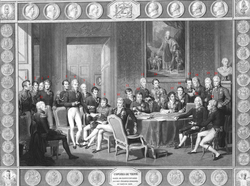 The Congress of Vienna met in 1814–15. The objective of the Congress was to settle the many issues arising from the French Revolutionary Wars, the Napoleonic Wars, and the dissolution of the Holy Roman Empire.