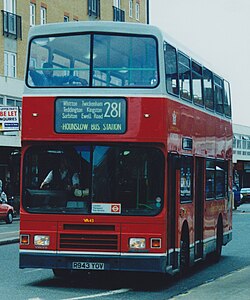 Alexander RH bodied Volvo Olympian on route 281 in Hounslow in original London United livery in September 1998