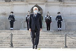 Mattarella wearing a protective mask at the Victor Emmanuel II Monument during the Liberation Day in April 2020