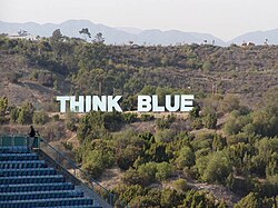 The former Think Blue sign in the mountains north of Dodger Stadium was an homage to the nearby Hollywood Sign.