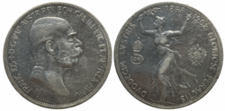 Silver coin: 5 corona, 1908 – the bust of Franz Joseph I facing right surrounded by the abbreviated legend "FRANC[iscus] IOS[ephus] I, D[ei] G[ratia], IMP[erator] AUSTR[iae], REX BOH[emiae], GAL[iciae], ILL[yriae], ETC, ET AP[ostolicus] REX HUNG[ariae]"