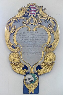 Memorial plaque to John Etty in All Saints' Church, North Street, York, recording his date of death as 28 January ⁠170+8/9⁠