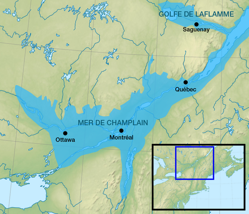 The Champlain Sea – The best evidence of this former sea is the vast clay plain deposited along the Ottawa and St. Lawrence Rivers.[57]