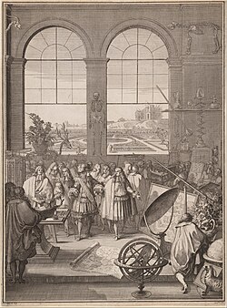 Louis XIV visiting the Académie des sciences in 1671: "It is widely accepted that 'modern science' arose in the Europe of the 17th century, introducing a new understanding of the natural world"—Peter Barrett[263]