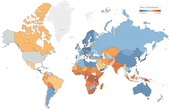 James Fearon's ranking of countries by ethnic and cultural diversity level in 2003, blue is lower and orange is higher.[1]