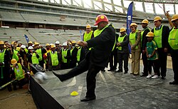 Zuma (centre) on a tour of Green Point Stadium in June 2009, in preparation for the 2010 FIFA World Cup