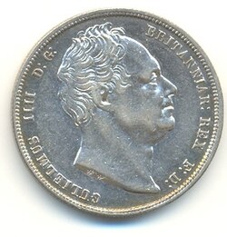Half-Crown of William IV, 1836. The inscription reads GULIELMUS IIII D(EI) G(RATIA) BRITANNIAR(UM) REX F(IDEI) D(EFENSOR) (William IV by the Grace of God King of the Britains, Defender of the Faith)