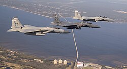 F-15C, F-15E and F-15EX of United States Air Force, representing three generations of F-15 variants.