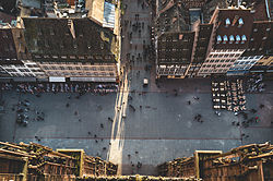 The square and façade from the observation deck. Rue Mercière joins the square from the southwest in this view