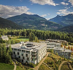 Quest University Canada Academic Building, aerial view