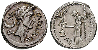 Ancient Roman coin depicting Julius Caesar on the obverse and Venus holding a scepter on the reverse
