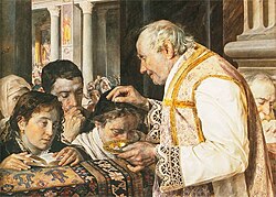 An 1881 Polish painting of a Roman Catholic priest sprinkling ashes on the heads of worshippers, the method prevailing in Italy, Poland, Spain, and parts of Latin America.[69]