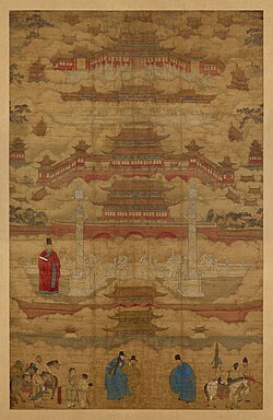 A Ming dynasty silk hanging scroll depicting the Forbidden City with its architect Kuai Xiang standing before Chengtian Gate (present-day Tiananmen); British Museum, London